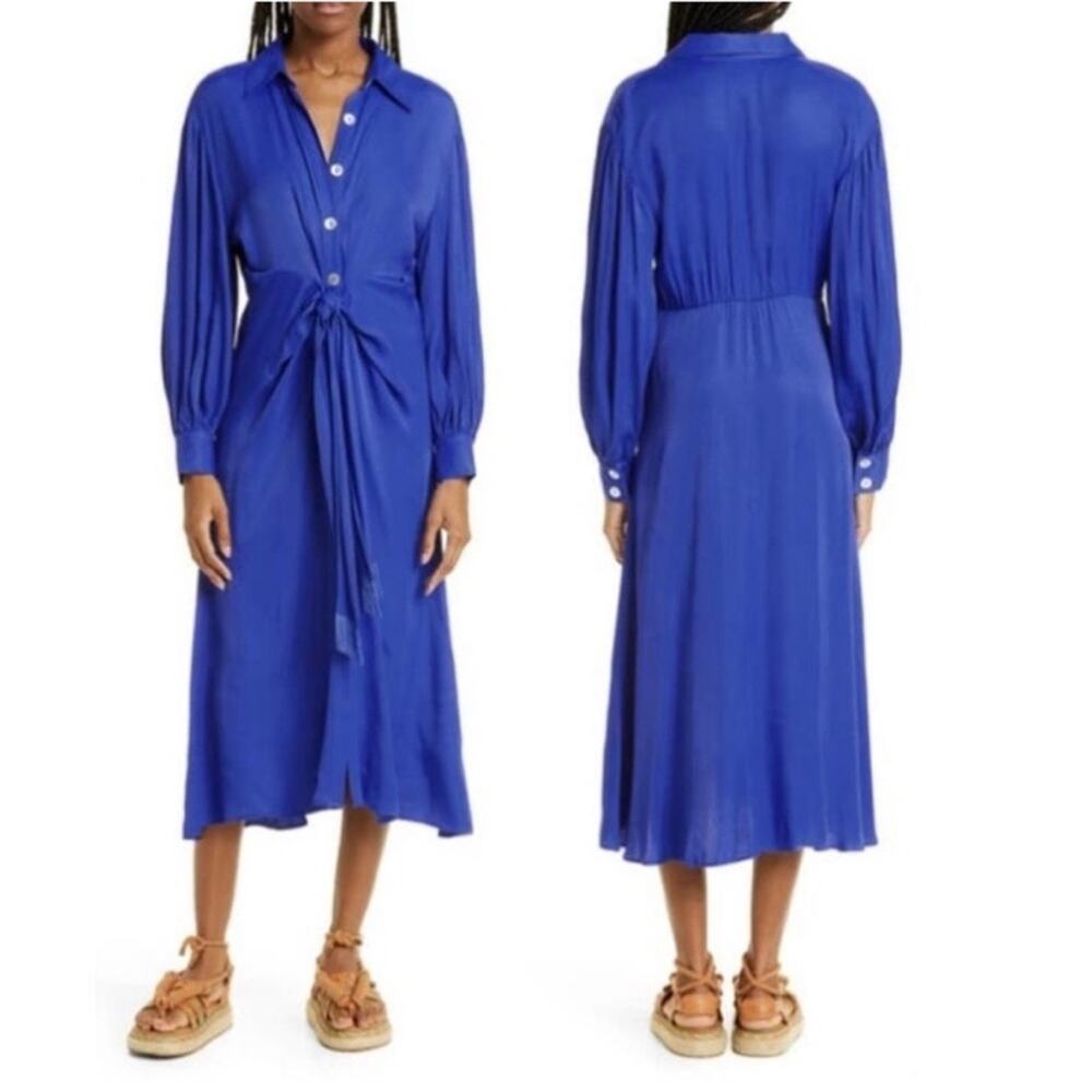 Farm Rio Long Sleeve Beaded Waist Belt Shirtdress Blue M